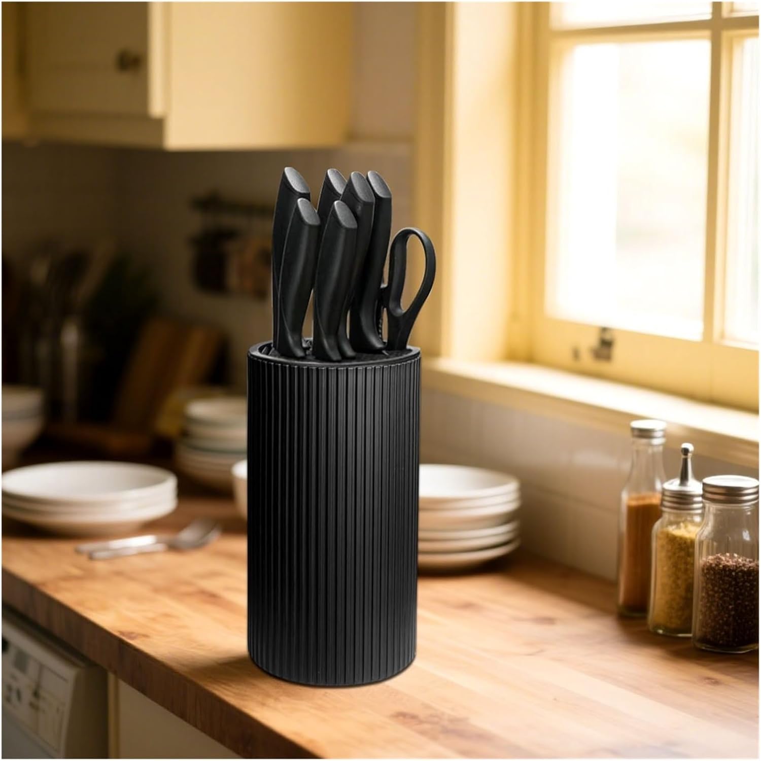 8. Inch Kitchen Knife Holder Stand，Compatible For Chef Ceramic Inserted Plastic Bucket Storage Tools(Black B)