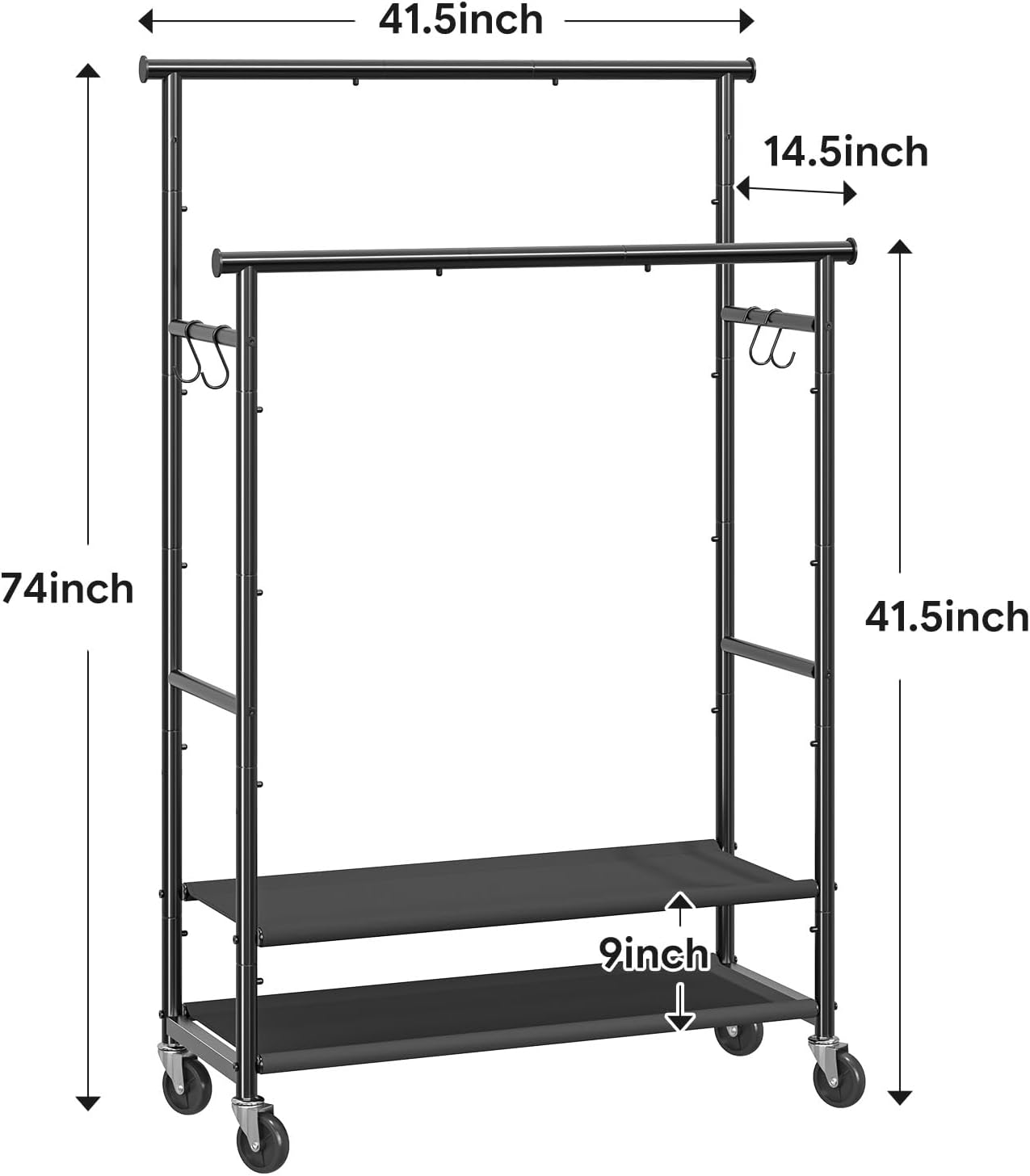 Ekisemio Double Rods Clothes Rack for Hanging Clothes, Rolling Clothing Rack with Wheels, 2-Tier Hanging Rack with Mesh Shelves, Holds 300 LBS for Bedroom, Laundry, Living Room, Black