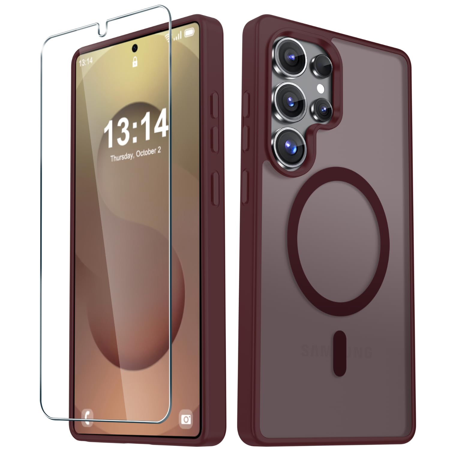 for Samsung Galaxy S25 Ultra Case, Matte Magnetic Phone Cover, Wine Red | Fit for MagSafe, Screen Protector included, Shockproof Military Grade Protection, Translucent Frosted Back