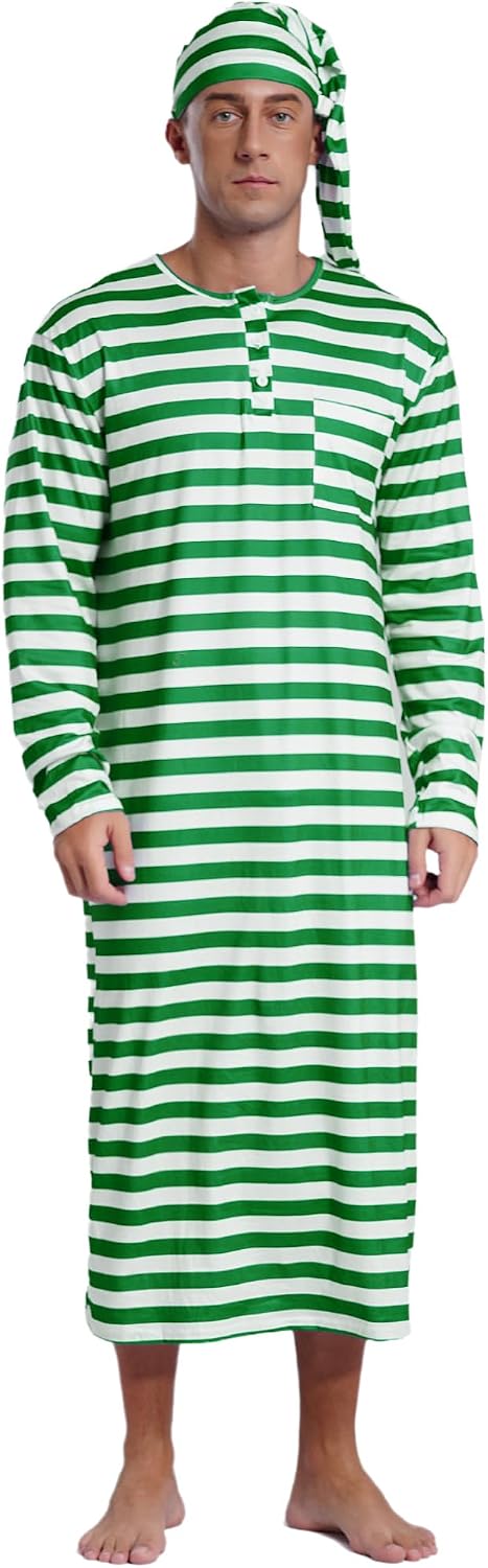 Mufeng Mens Striped Nightgown Dubai Pajama Sleeping Robe with Hat Saudi Sleepwear Nightshirt