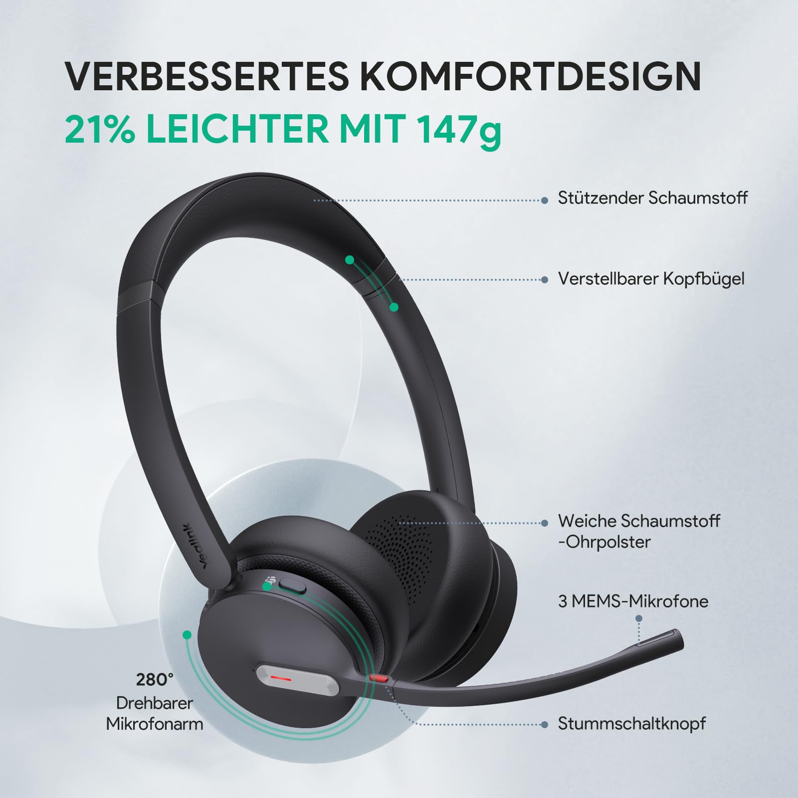 Yealink BH70 Bluetooth Headset mit Mikrofon für Homeoffice, Microsoft Teams Zertifiziertes Bluetooth Kopfhörer Kabellos bis zu 35h Sprechzeit, 3 KI Mikrofon Geräuschunterdrückung, 50m Funkreichweite