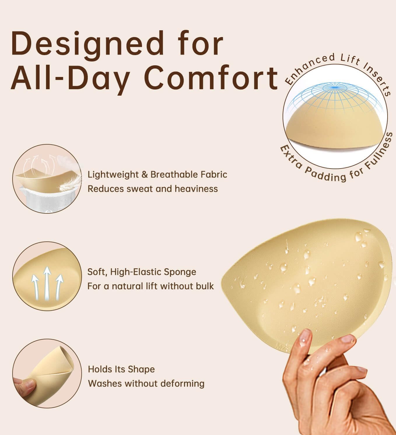 Adamotto Waterproof Push Up Bra Pads Inserts - 2 Pairs Super Thick & Removable, Breast Enhancers for Swimsuits & Sports Bras