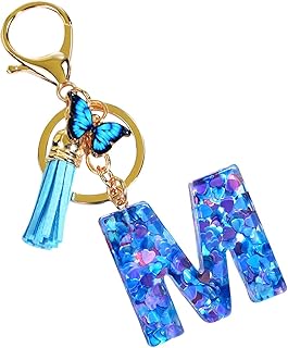 [Aoyitaf] イニシャルレタータッセルキーホルダー、樹脂レターキーホルダー - ガールズバタフライキーリングエポキシ樹脂ペンダントキーホルダー - キーホルダー オーガナイザー バックパック オーナメント 愛のスパンコール付き キャンプ、旅行用