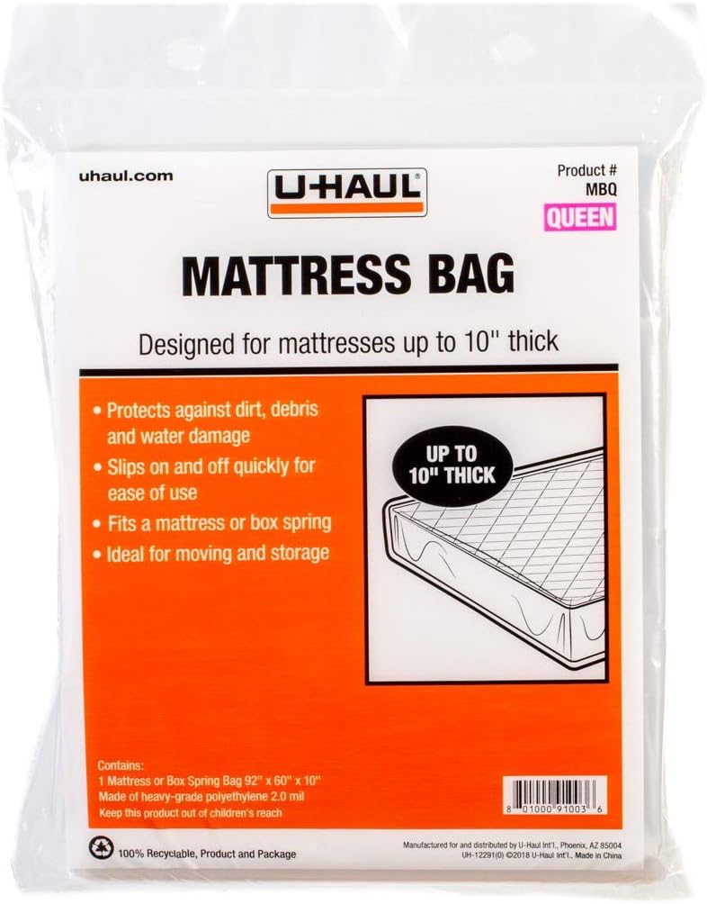 U-Haul Queen Mattress Bag – Heavy-Duty Plastic Protection for Moving & Storage  – 92" x 60" x 10" (1-Pack)