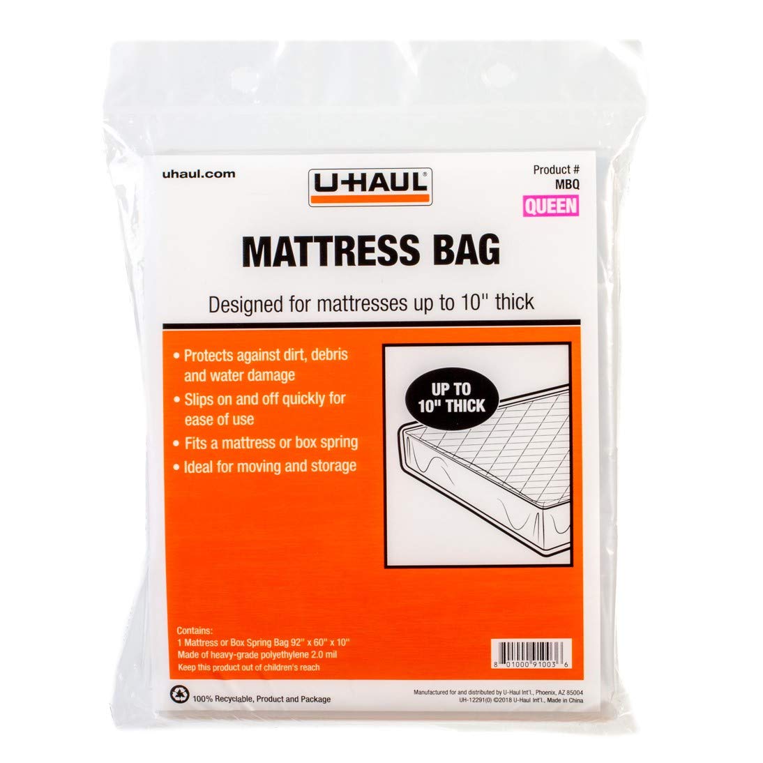 U-Haul Standard Queen Mattress Bag Moving Storage Cover for Mattress or Box Spring 92 x 60 x 10