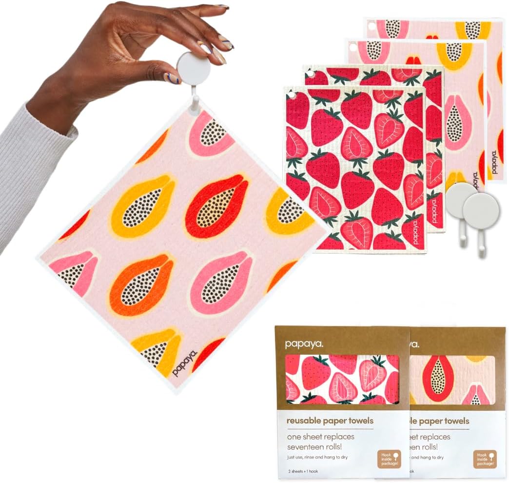 Papaya Reusable Paper Towels 4-Pack – 4 Sheets + 2 Hooks, Quick Drying, No Odor, 1 Sheet Replaces 17 Rolls, Washable Kitchen Cloth, Sustainable Dish Sponge, Eco Friendly Gift (Fruit Cocktail)