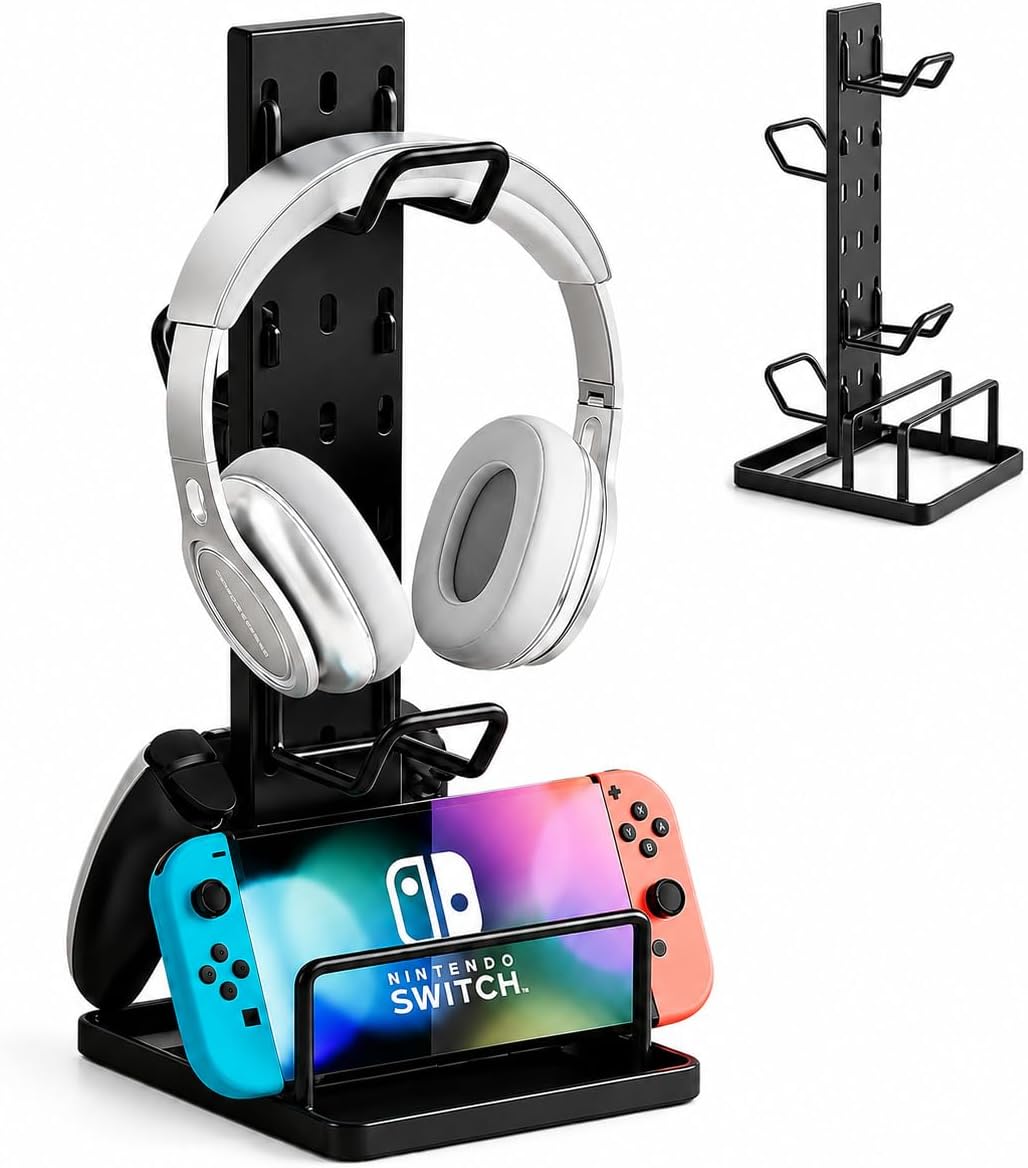 Headphone Stand with Controller Holder for Desk, Detachable Gaming Headset Organizer with Adjustable Hooks, Vertical Earphone Hanger for Game Controller, Phone, Desktop Accessories