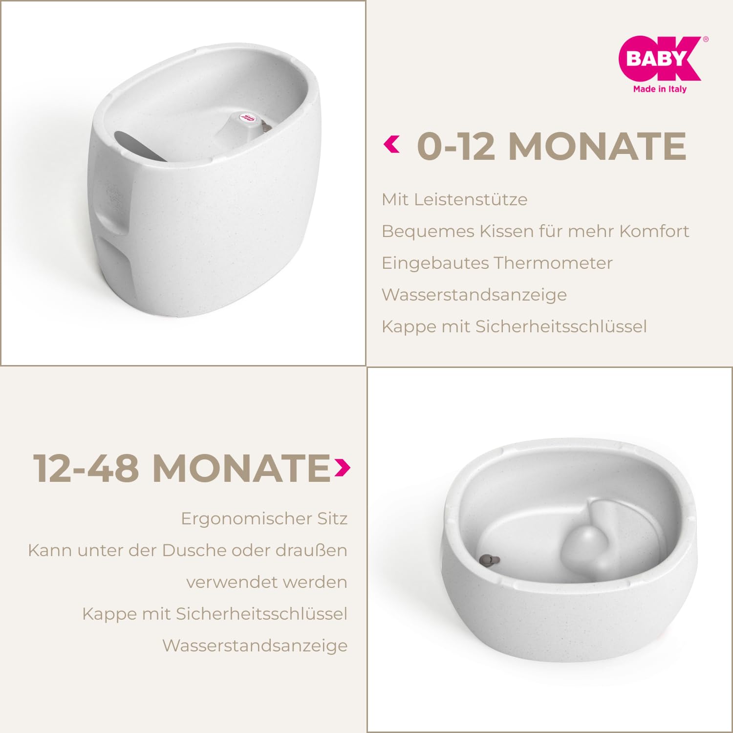 OKBABY Unica – Badewanne 0 – 4 Jahre mit doppeltem Verwendungszweck, eingebautem Thermometer und ergonomischer Unterstützung – Badewanne und Mini-Pool für Kinder – Granit
