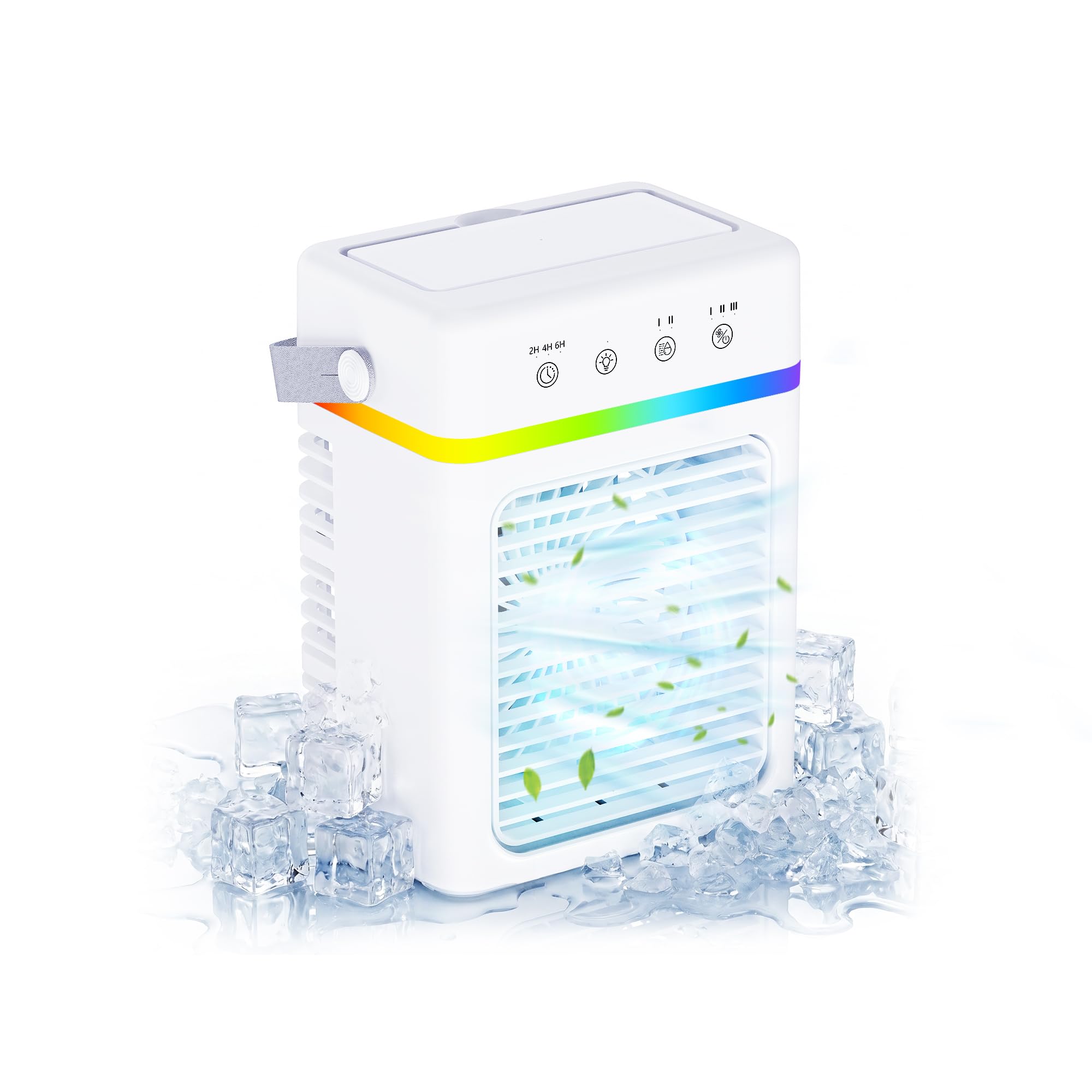 Mini Refroidisseur d’Air 900ML - Climatiseur Portable 3 Vitesses + 3 Modes de Brume, Climatiseur Mobile avec 2-6H Minuterie, Éclairage RGB, USB-C 10W - Parfait pour Voyages, Camping, Bureau et Maison