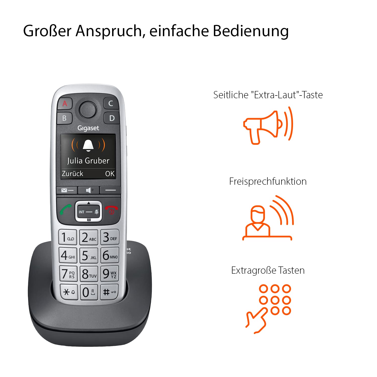 Gigaset E560 Schnurloses Senioren DECT-Telefon Notruftaste 4 SOS-Nummern Extra-Laut-Taste Freisprechfunktion extragroße Tasten silber Deutsche Version