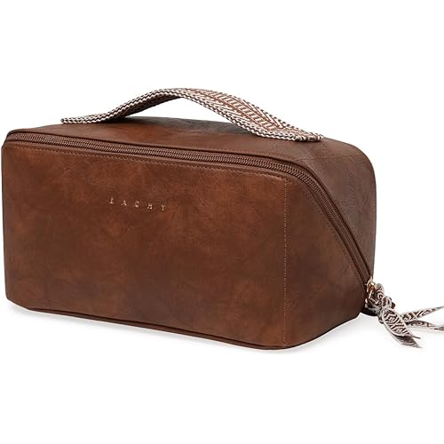 EACHY Travel Makeup Bag, Large Capacity Cosmetic Bag for Women, Waterproof PU Leather, Flat Open Portable Toiletry Bag for Skincare, Brushes & Travel Essentials