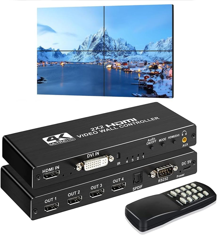 4K 2x2 HDMI Video Wall Controller, HDMI/DVI/Audio Input TV Wall Controller with 8 Display Modes, 180 Degree Rotation, RS232 Control for Sports Bar, Restaurant, School, Company, Home Cinema, Shopping