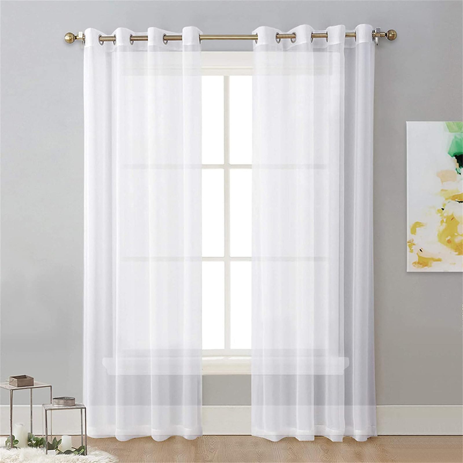 Translucent Curtains Living Room, Bedroom, Kitchen – Curtains and Curtains, Solid Colour, Simple Classic, Short Curtains for Windows, 2 Pieces Curtain with Eyelets (White, 134 x 240 cm)