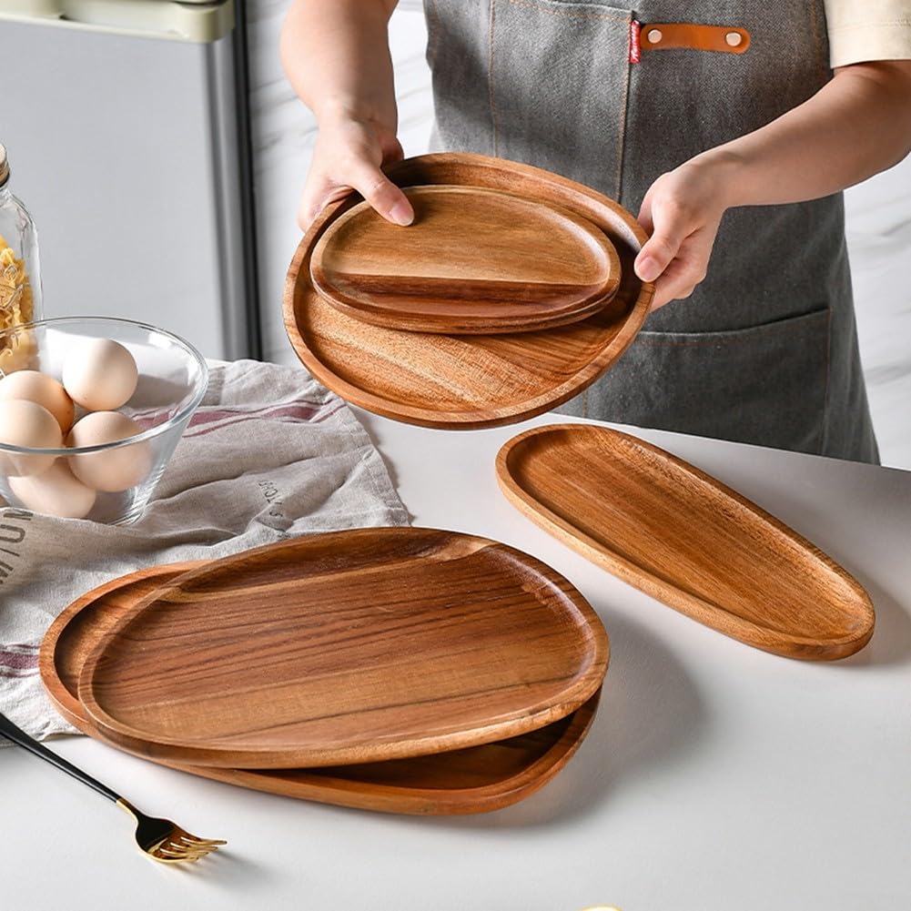 Vassoio ovale in legno di acacia fatto a mano, piatto irregolare per caffè, tè, bevande e dessert, decorazione rustica per la casa e gli elementi essenziali per la cucina (30,5 x 20 cm)