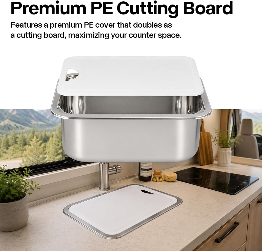 15 x 11 Inch Undermount RV Sink with Cutting Board, Stainless Steel