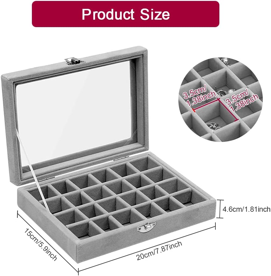 EMAGEREN Velvet Jewellery Box 24 Grids Velvet Glass Jewellery Ring Display Organiser Box Earrings Storage Box Adjustable Storage Grids Glass Lid Jewellery Organiser for Ring Earring Necklace - Image 3