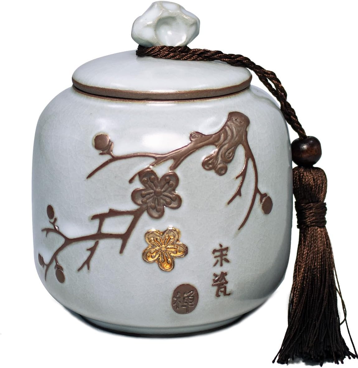 Dahlia Porcelain Tea Canister for Loose Tea, Airtight Longquan Celadon Tea Caddy, Embossed Lotus 700 ML