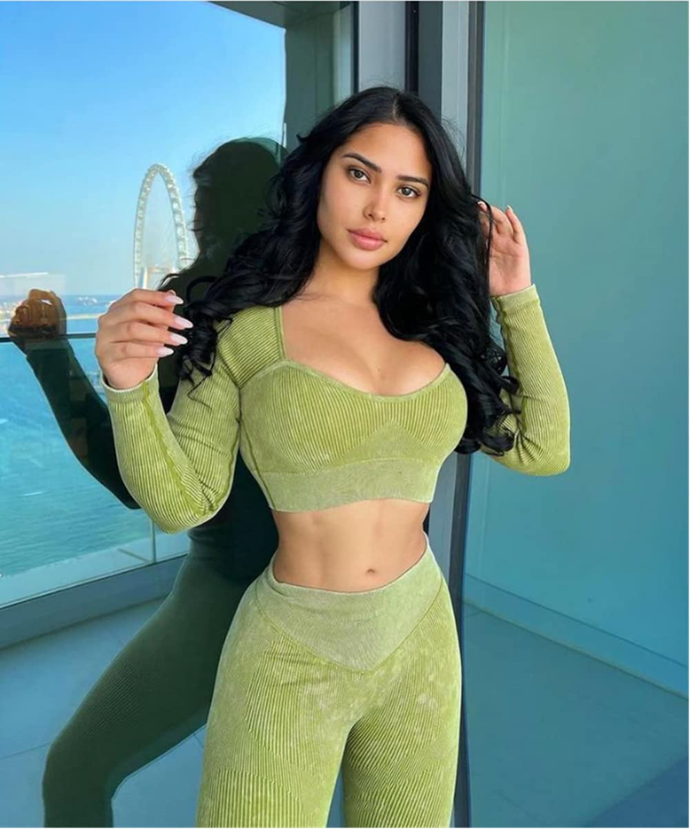 IMEKIS Tenue D'entraînement pour Femme 2 pièces Sportswear Gym Set Sports Crop Top avec Taille Haute Short de Course Leggings Sans Couture Côtelé Survêtement Yoga Costume Vêtements de Sport