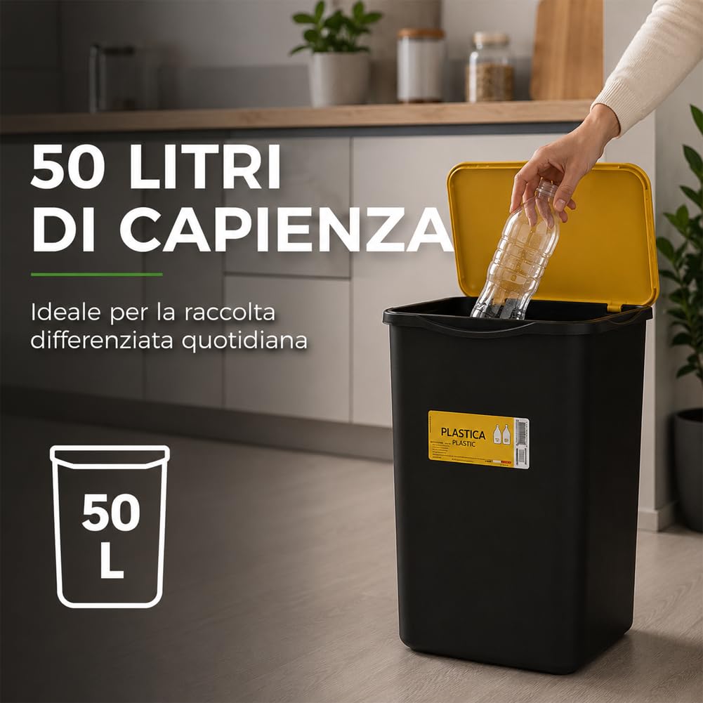 BAKAJI Set 4 Pattumiere per Raccolta Differenziata, Bidoni Spazzatura da 50 Litri con Coperchio Colorato Verde, Blu e Giallo, Contenitori Immondizia da Esterno e Interno, 37.5 x 36 x 62 cm