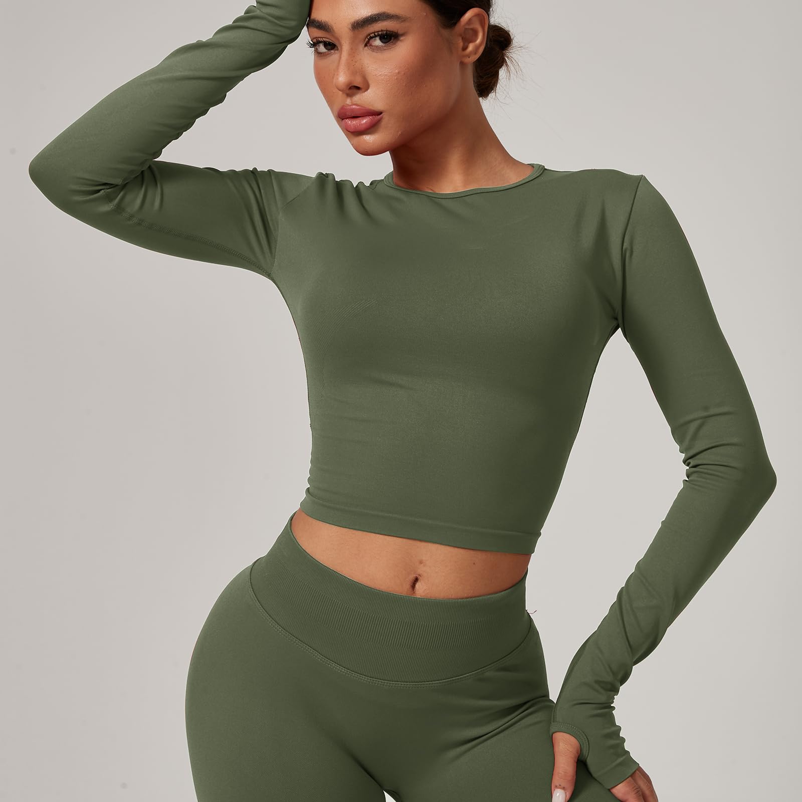 Damen Gym Tops Langarm Nahtlos Workout Shirts mit Daumenlöchern Slim Fit Yoga Sport Laufshirt Athletic Top