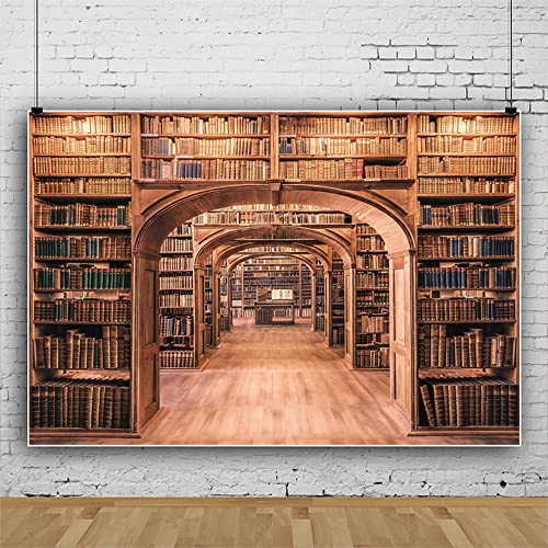 Laeacco Vintage Wooden Bookshelf Backdrop 8x6ft Retro College Library Ancient Books Background Conference Graduation Party Supplies Boys Girls Portrait Video Product Banner Photo Booth Props Vinyl by Laeacco - Used condition - Image 2