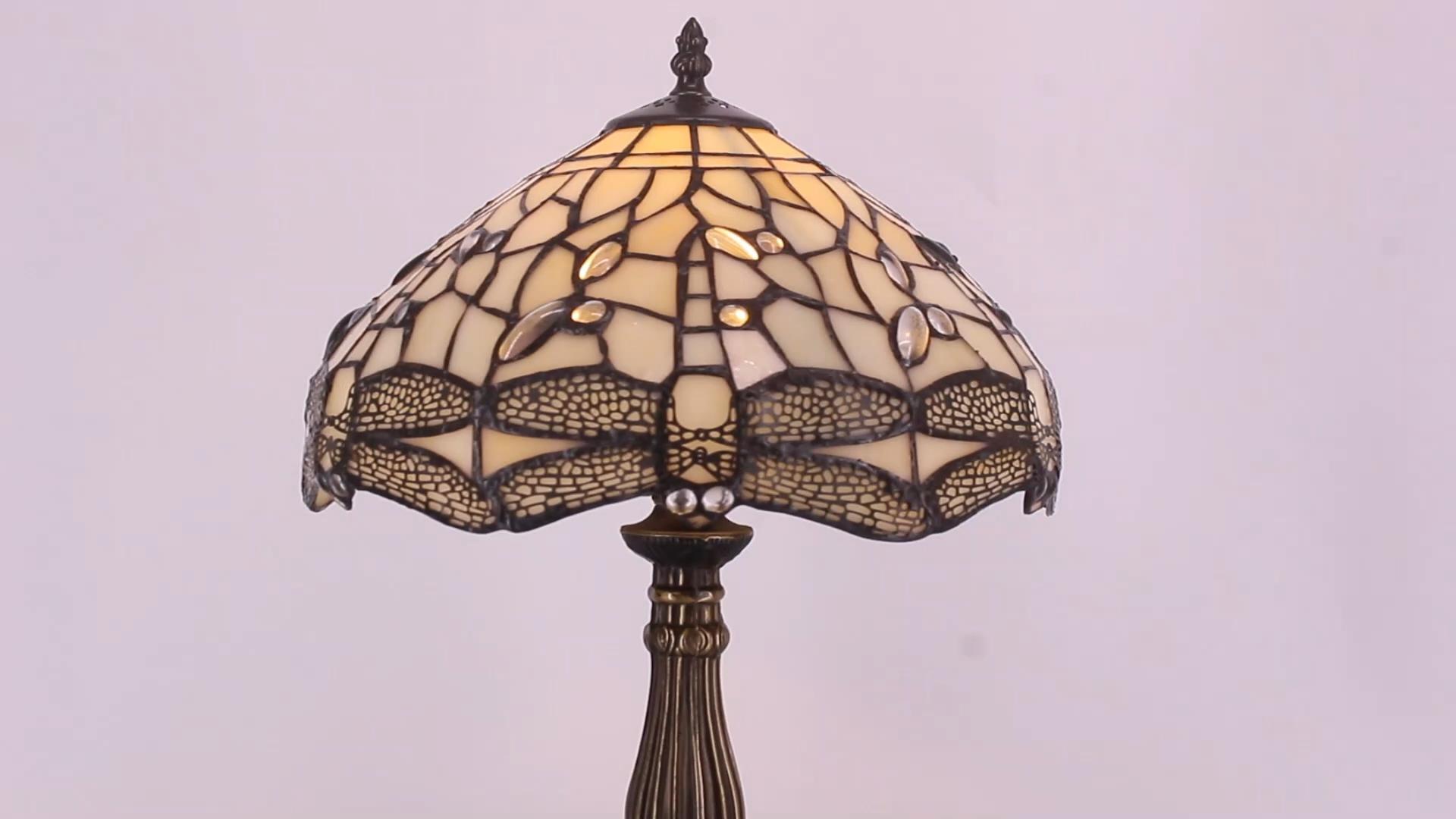 WERFACTORY Tiffany Lamp Cream Stained Glass Dragonfly Bedside