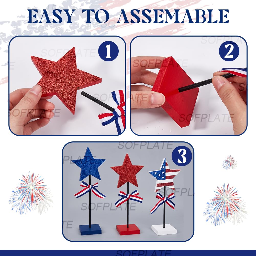 SOFPLATE 3Pcs 4th of July Wood Decor Patriotic Table Centerpieces Independence Standing Wooden Star American Flag Block Tiered Tray Ornaments Sets for American Memorial Festival Home Table Decoration - Image 4