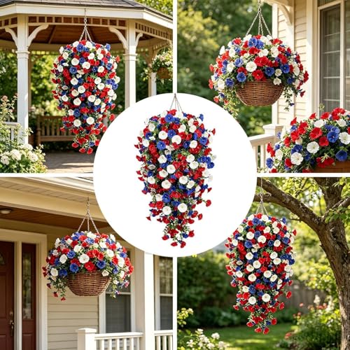 Flores artificiales patrióticas para decoración exterior de porche y jardín tricolor 5