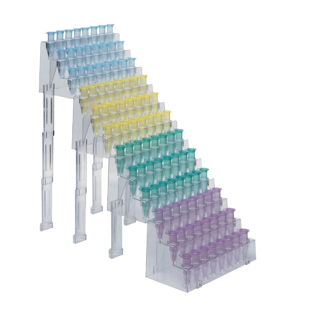 neoLab Polystyrol Reaktionsgefäß-Stufengestell Set, 4 Racks + 12 Stützklammern, Transparent, 300 mm Breite