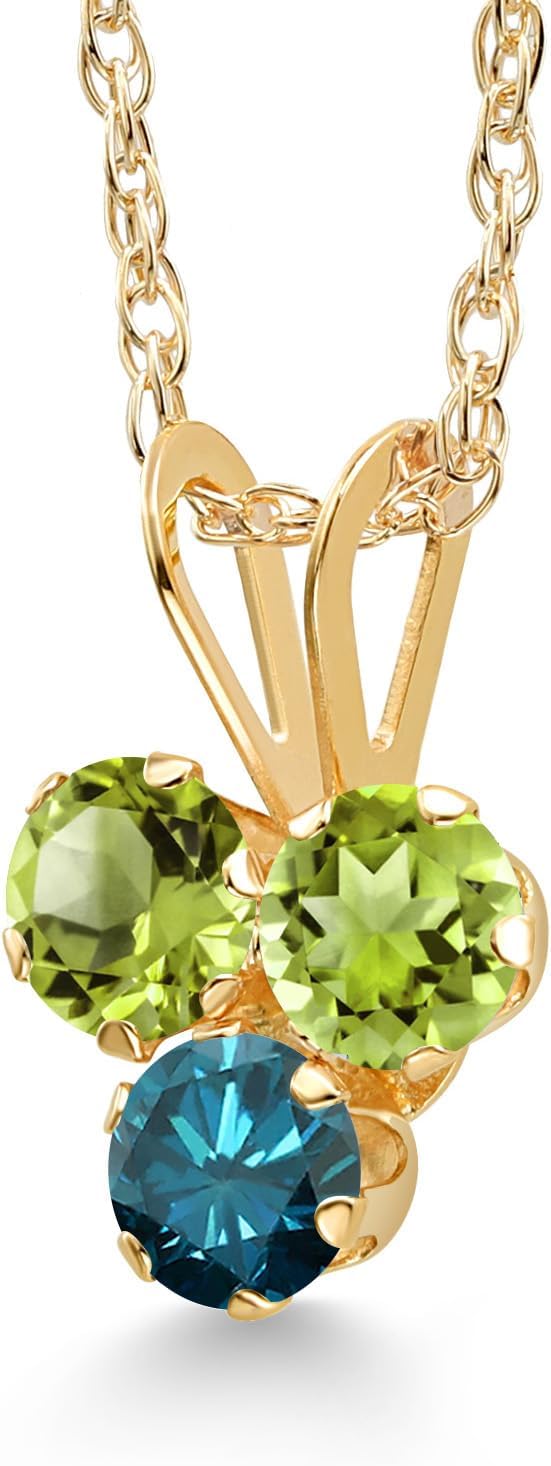 Gem Stone King 14K Yellow Gold Green Peridot and Blue Diamond 3-Stone Pendant Necklace For Women (0.34 Cttw, Gemstone August Birthstone, Round 3MM, 18 Inch Chain) - Image 2