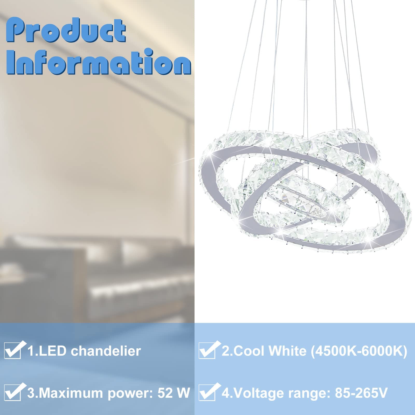 Crystal Chandeliers Modern LED 3 Ring Chandelier Adjustable Ceiling Light Fixtures Round Pendant Lighting Stainless Steel Hanging Lights for Living Room Dining Room Bathroom Bedroom Closet, Cold White