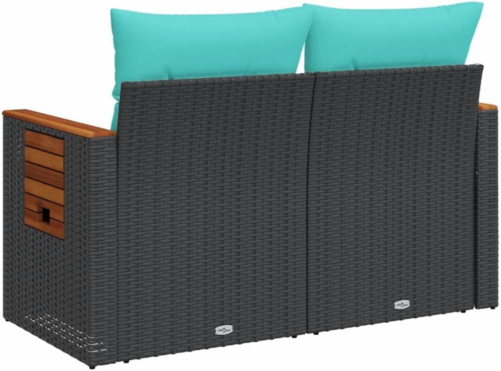 2-Seater Black Rattan Loveseat 24.4x48.8x27.2 in, Blue Cushions, Hidden Storage, All-Weather for Patio/Balcony