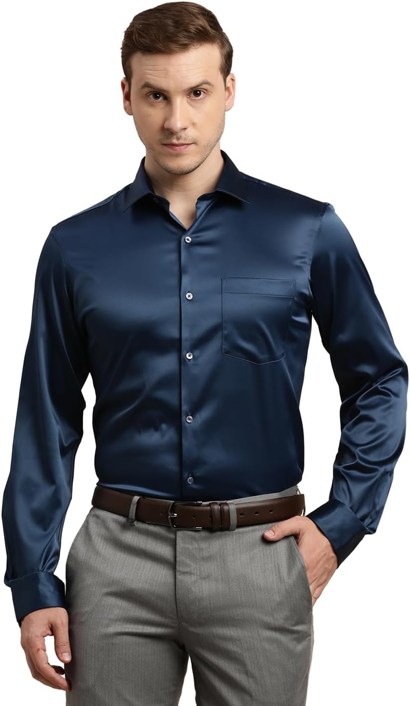 Turtle Men Poly Satin Blue Solid Slim Fit Full Sleeve Ceremonial Shirt