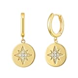 SANNYRA Gold Coin Earrings, Gold Huggie Dangle Earrings for Women, 14K Gold Plated Charm Dainty Hoop Jewelry