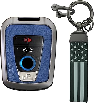 KUNIO PU Leather+Zinc Alloy 4 Button Smart Key Fob Cover Case Fit for BMW 2014-2019 I3 2014-2020 I8 Keyless Key Holder with USA Flag Keychain Car Accessory A Gun Blue