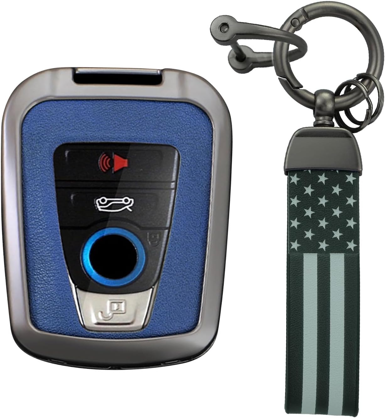 KUNIO PU Leather+Zinc Alloy 4 Button Smart Key Fob Cover Case Fit for BMW 2014-2019 I3 2014-2020 I8 Keyless Key Holder with USA Flag Keychain Car Accessory A Gun Blue