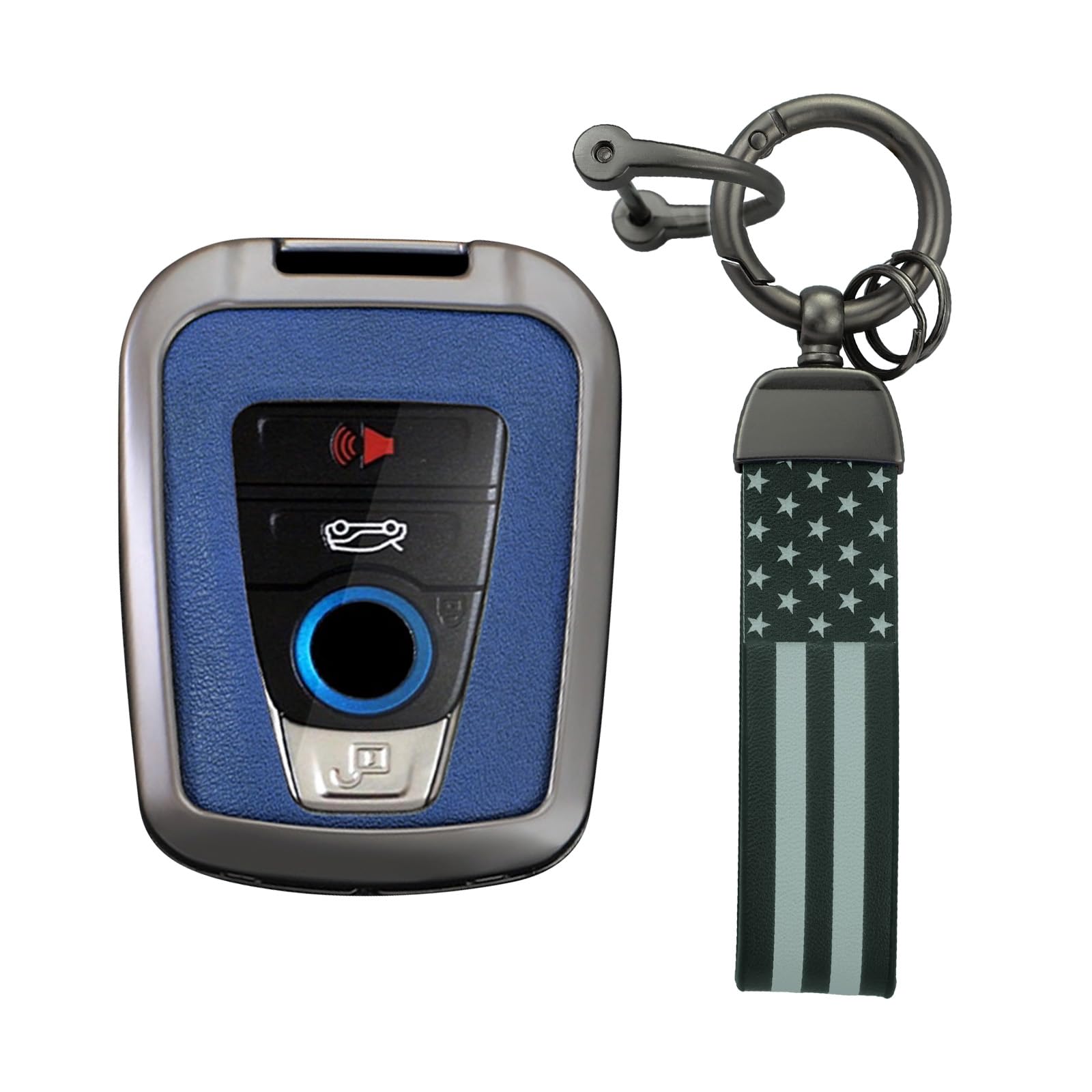 KUNIO PU Leather+Zinc Alloy 4 Button Smart Key Fob Cover Case Fit for BMW 2014-2019 I3 2014-2020 I8 Keyless Key Holder with USA Flag Keychain Car Accessory A Gun Blue