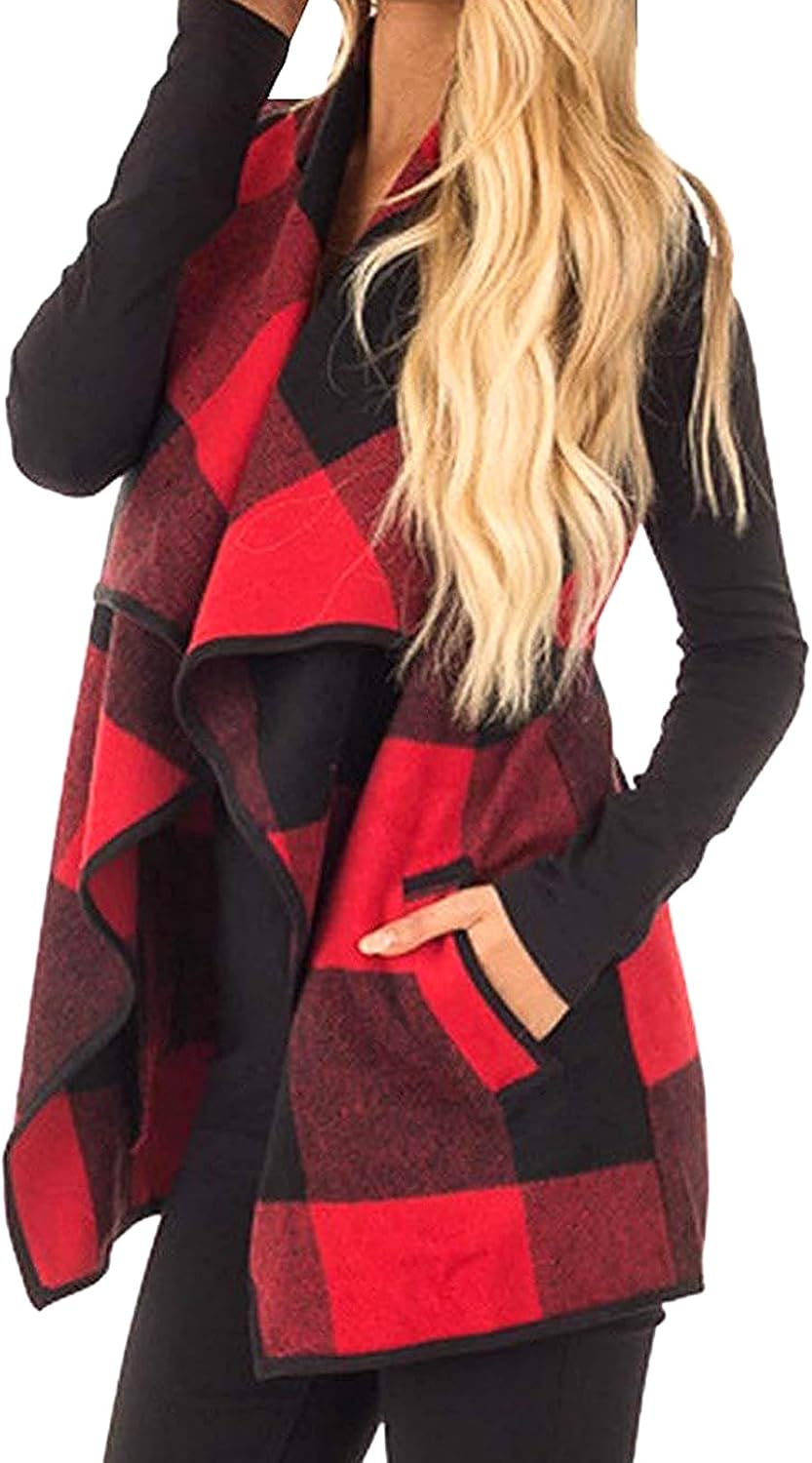 Women Buffalo Plaid Vest Casual Lapel Open Front Sleeveless Cardigan Jacket Coat with Pockets S-3XL - Image 2