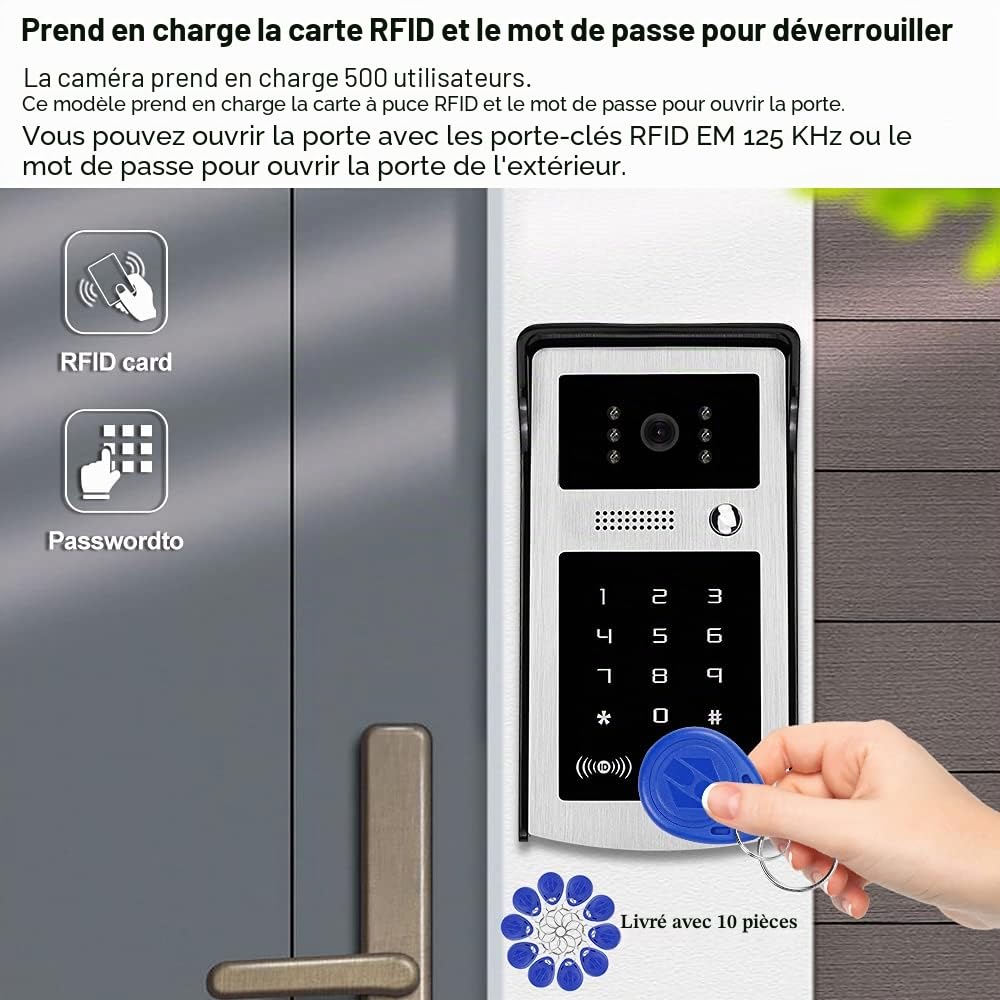 7" Couleur Filaire Vidéo Porte Téléphone RFID Caméra Vidéo Sonnette Système d'Interphone pour Les Appartements à Domicile Carte de Soutien Déverrouillage de Mot de Passe