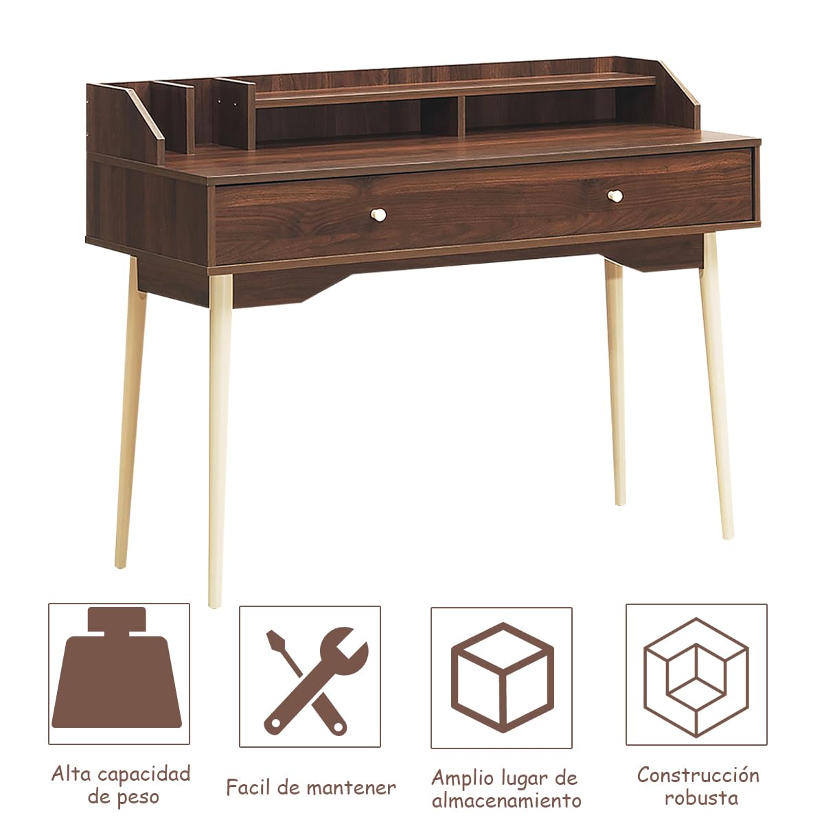 COSTWAY Escritorio de Computadora con Cajón, Escritorio de Oficina con Patas de Madera de Goma, Superficie Espaciosa, 2 Compartimientos, Dispositivo Antivuelco para Estudio Oficina (Marrón)