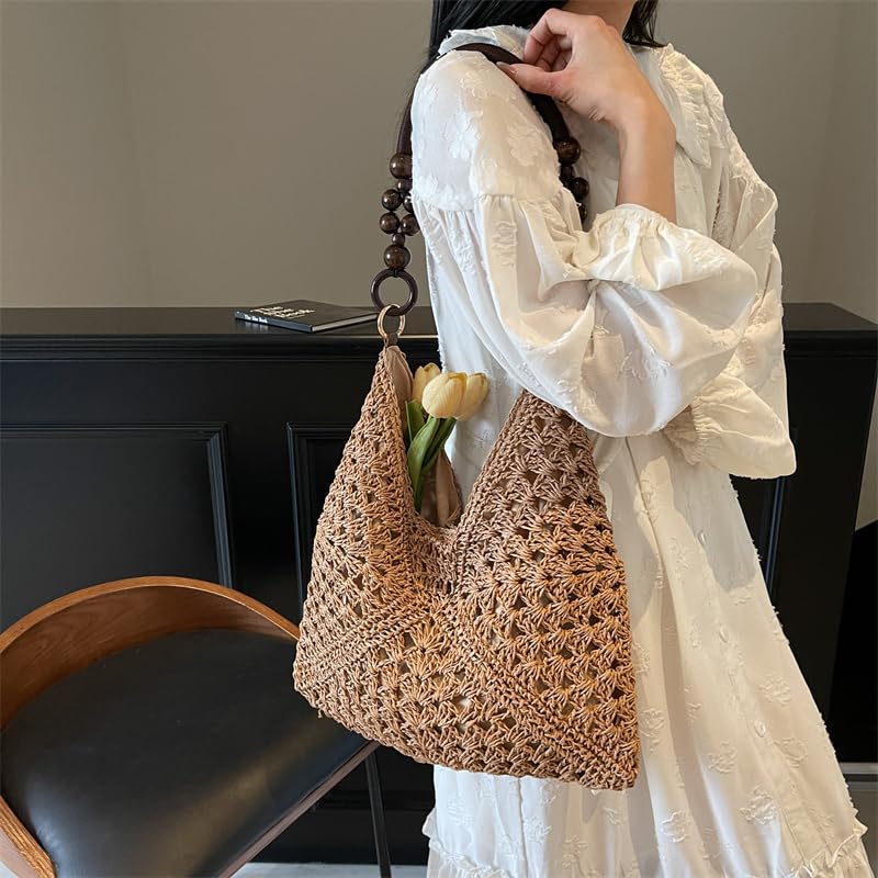 Women Stylish Knit Shoulder Bag Large Capacity Seaside Straw Shoulder Bag Wood Bead Hollowed Beach Bag Summer Beach Travel Ba4
