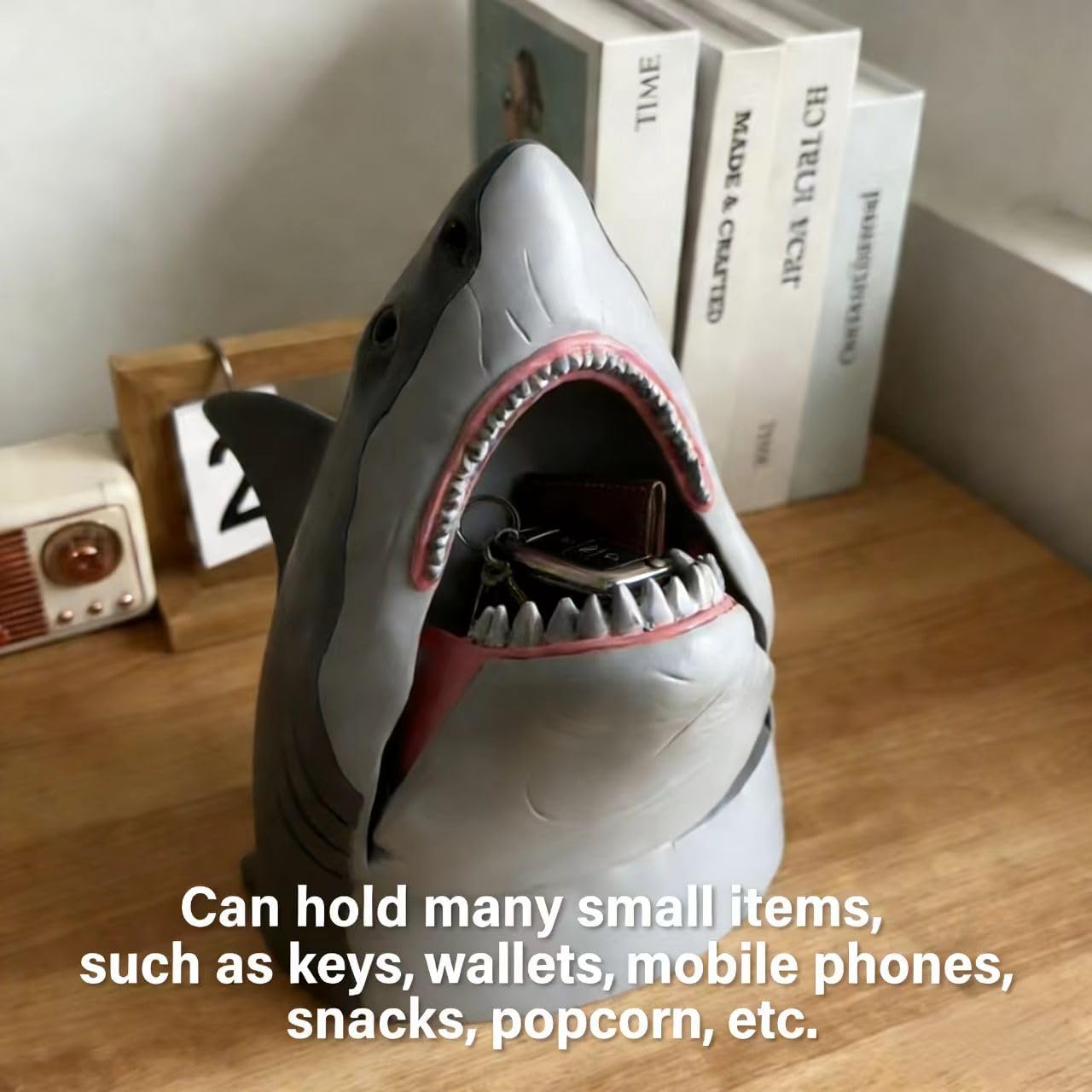 Title: Shark Head Storage Box - Popcorn Snack Holder, Desk Organizer for Keys, Phone, Wallet, Home Office Decoration (Gray)