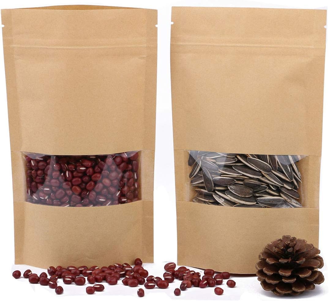 Dproptel 50 Pack Reusable Ziplock Grip Standable Seal Bags Waterproof Brown Kraft Paper Stand Up Pouch with Transparent Window Food Storage Pouches Packing Bag (12X20CM)