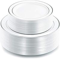 I00000 102pcs Silver Plastic Party Plates - Fancy Disposable Wedding Plates, 51 Dinner 10.25" + 51 Dessert 7.5" with White Silver Rim