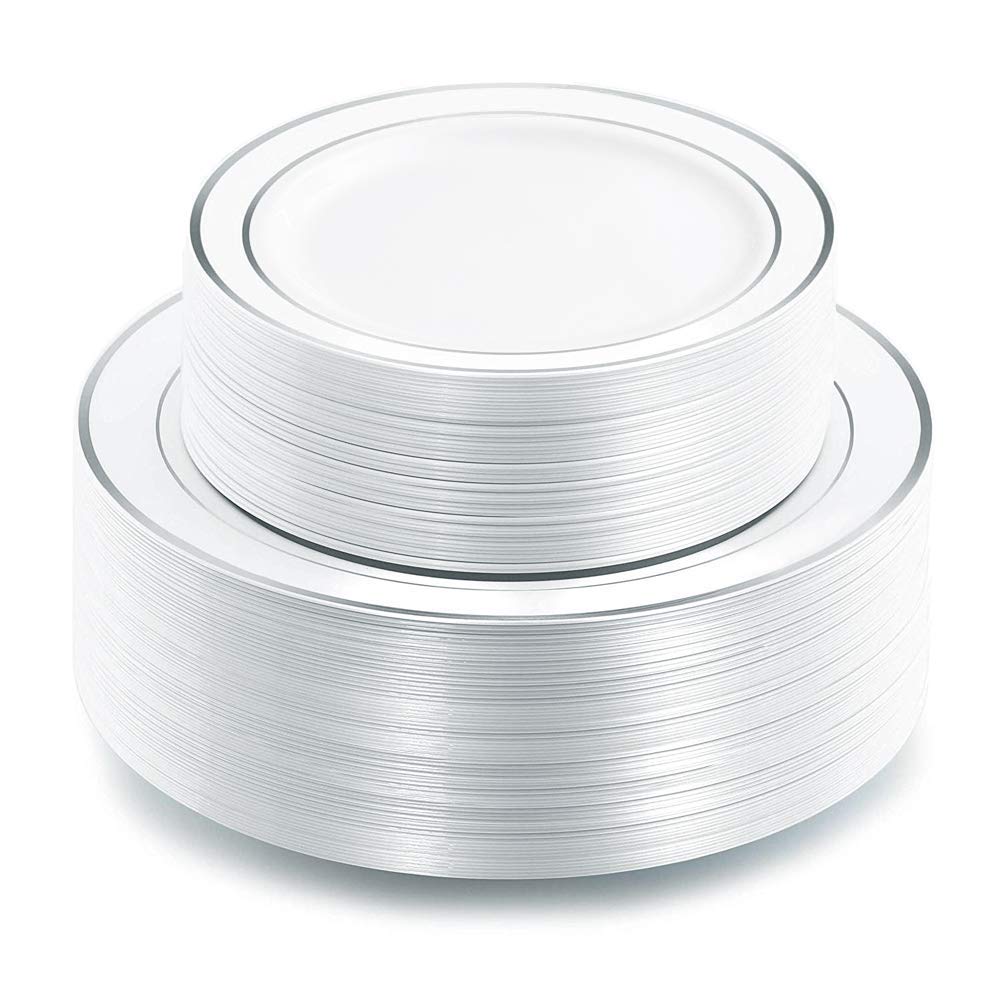 I00000 102pcs Silver Plastic Plates, Disposable Plastic Party Plates with White Silver Rim Heavy Duty Fancy Wedding Party Plates Include 51 Dinner Plates 10.25" and 51 Dessert Appetizer Plates 7.5"