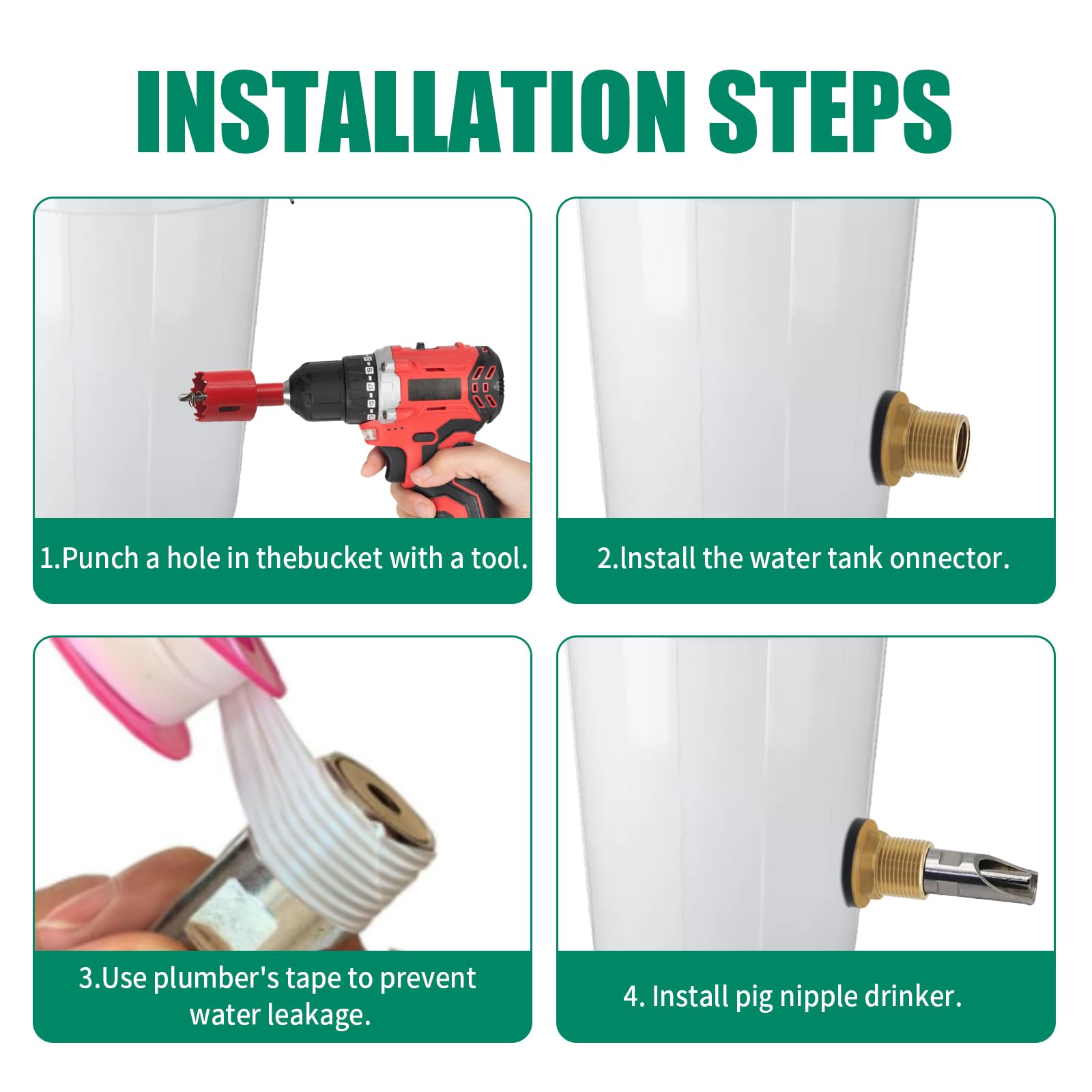 Paquete de 5 bebedores automáticos de pezón de cerdo de acero inoxidable NPT de 1/2 pulgadas + conector de tanque de agua de latón para lechones y cerdos (con sierra perforadora)
