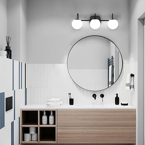 Miniatura 2 de Moderna lámpara negra para tocador de baño, marco de 3 luces y pantalla de globo de vidrio blanco leche, aplique de pared moderno, luces de tocador