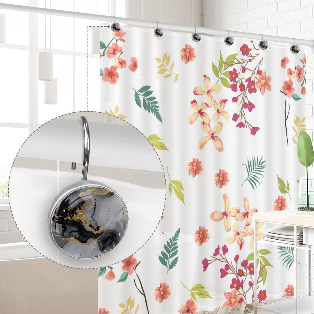 12 Pcs Shower Curtain Hooks, White Black Gold Marble Rustproof Decorative Metal Round Shower Curtain Hangers Rings for Bathroom Bedroom Living Room Rods