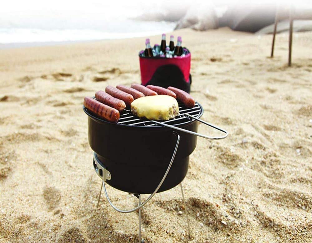 Parrilla de barbacoa plegable redonda portátil Parrilla de barbacoa de carbón Mesa de barbacoa de picnic pequeña y liviana con nevera y bolsa de transporte Fácil de limpiar para acampar