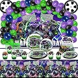 Heidaman 150Pcs Monster Truck Birthday Decorations，Monster Truck Party decorations，Monster Truck Birthday Party Supplies，Include Balloon arch,Backdrop, Cake Toppers，Tableware, Tablecloth